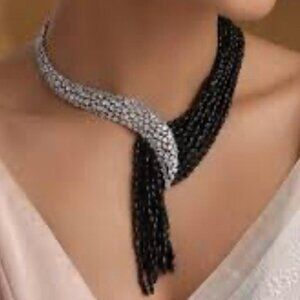 Black and Silver Beaded Lariat Necklace Set